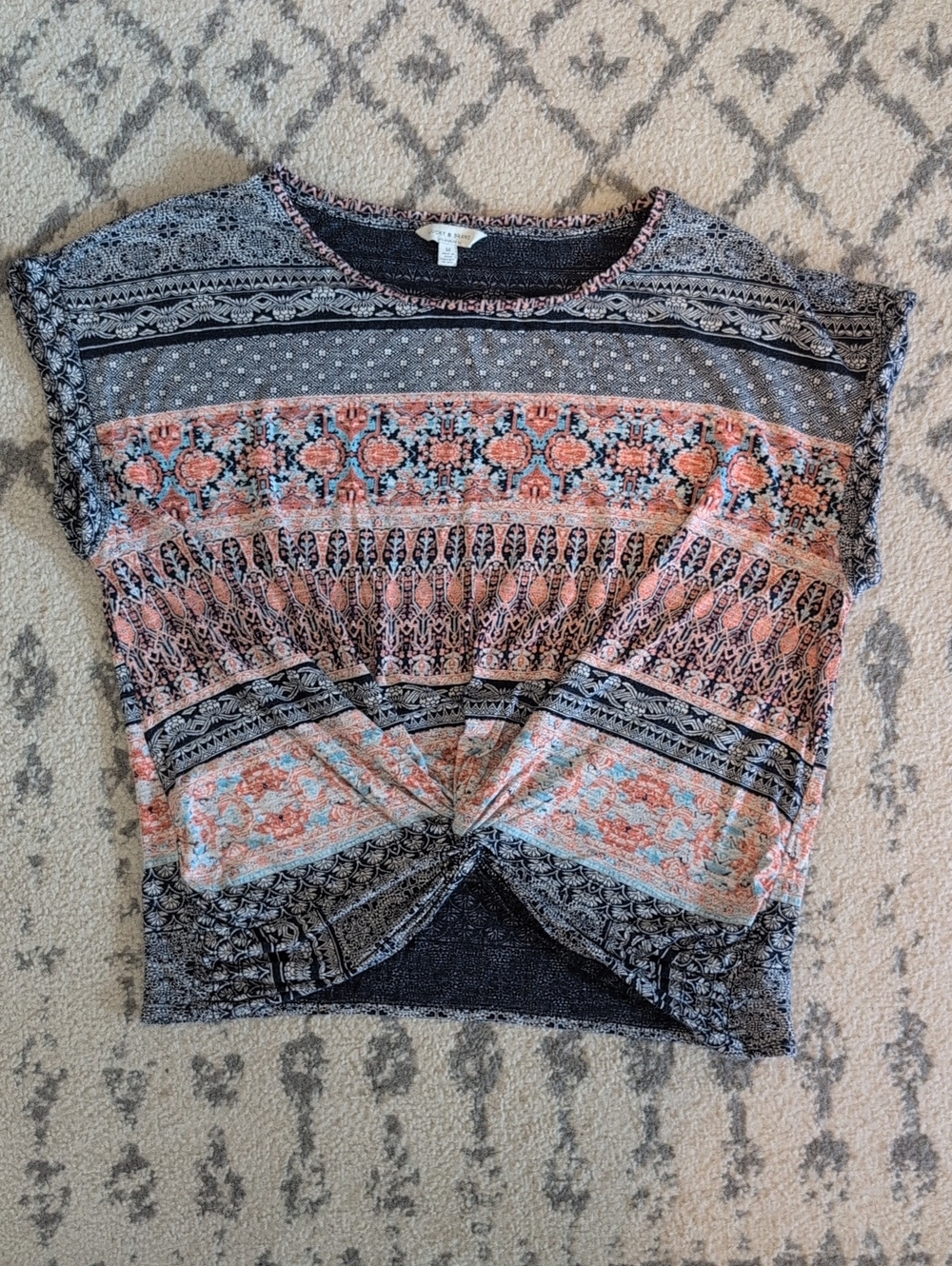 Lucky Brand Coral and Black Paisley Twist-Front Short Sleeve Top